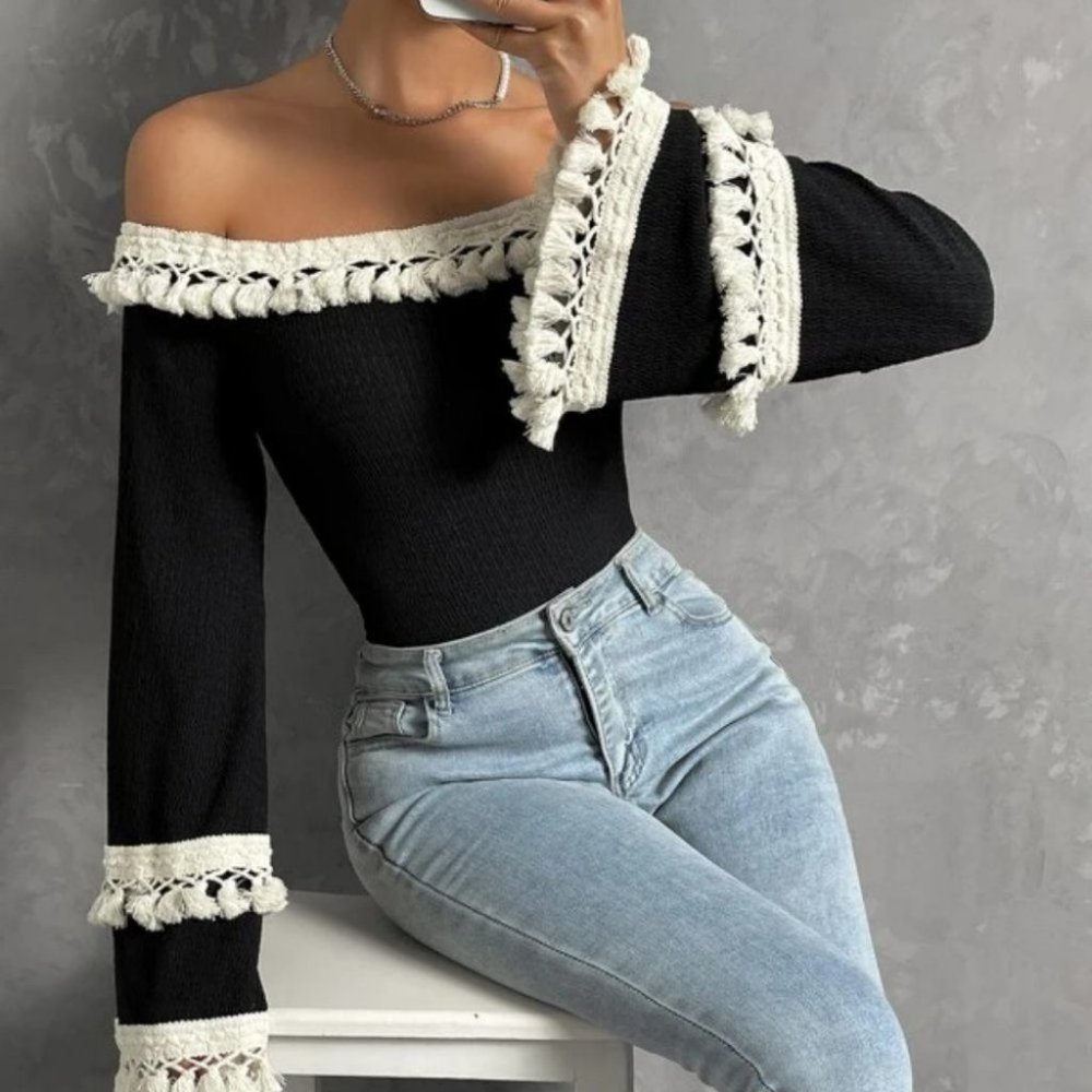 Boho Off Shoulder Flounce long Sleeved Fringe detailed black Blouse Top - Picture 3 of 6